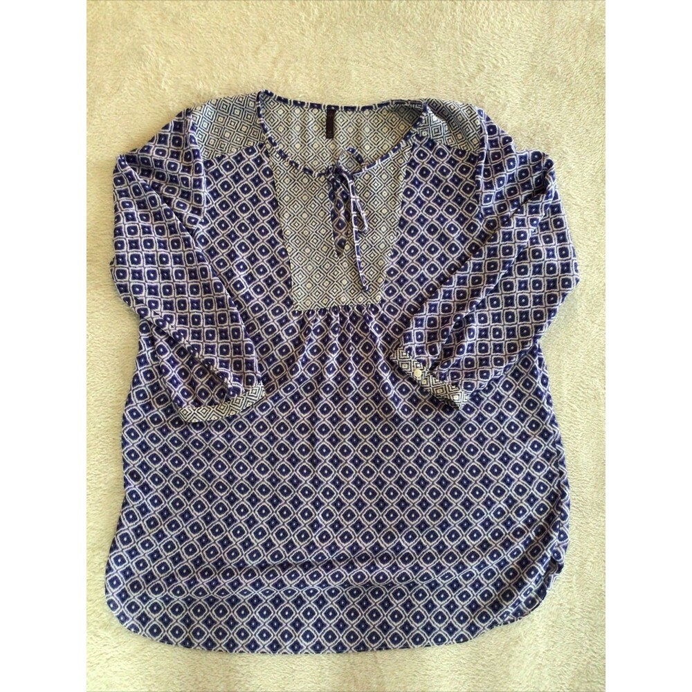 NYDJ Popover Blouse Top women's Medium Shirt 3/4 sleeve flowy Purple & White